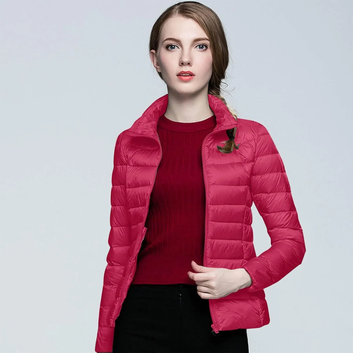 2024 Women's Packable Puffer Jacket Lightweight Warm Duck Down Short Quilted Coat Stand Collar Slim Fit Down Puffer