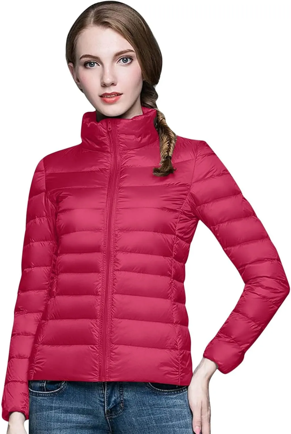 2024 Women's Packable Puffer Jacket Lightweight Warm Duck Down Short Quilted Coat Stand Collar Slim Fit Down Puffer