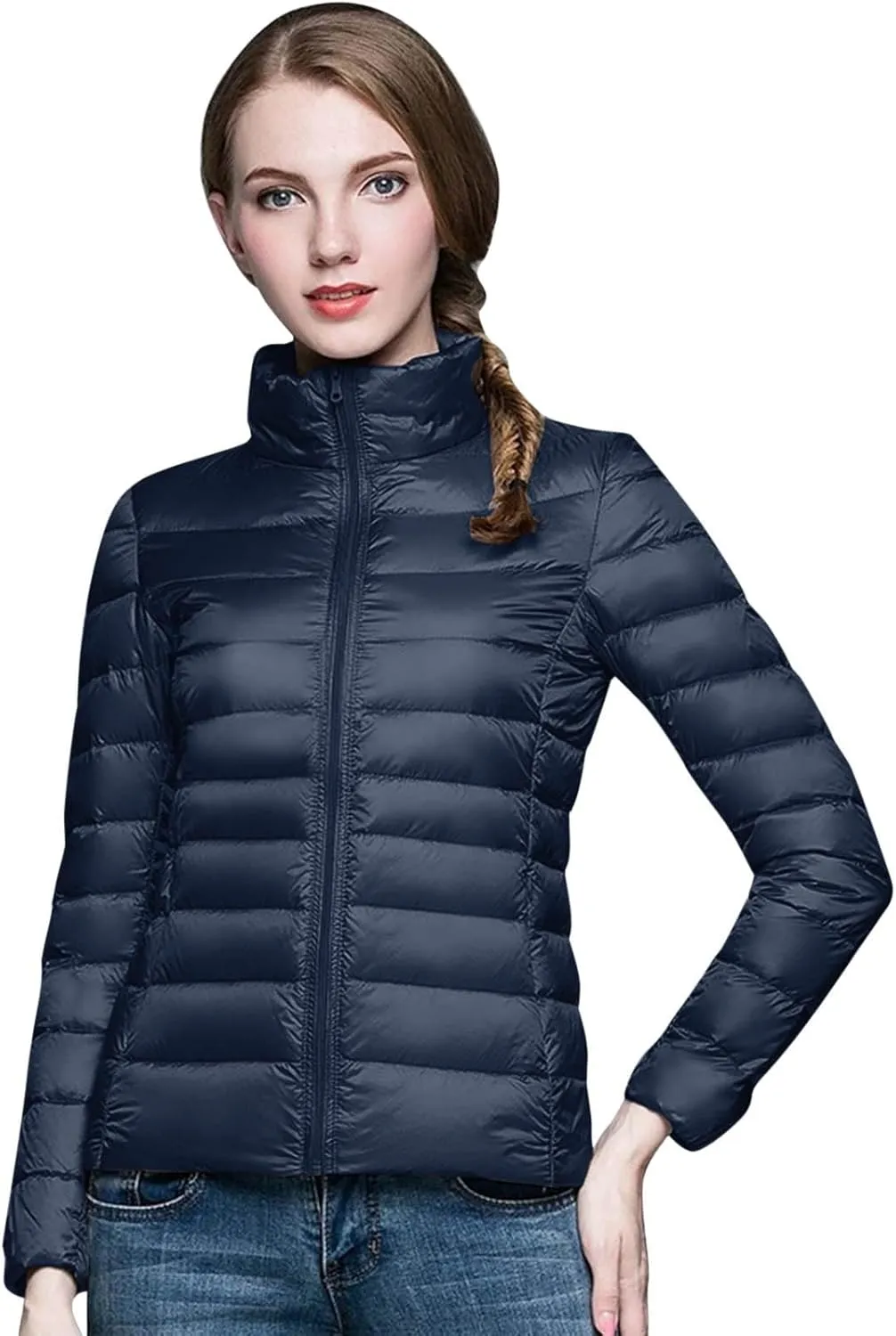 2024 Women's Packable Puffer Jacket Lightweight Warm Duck Down Short Quilted Coat Stand Collar Slim Fit Down Puffer