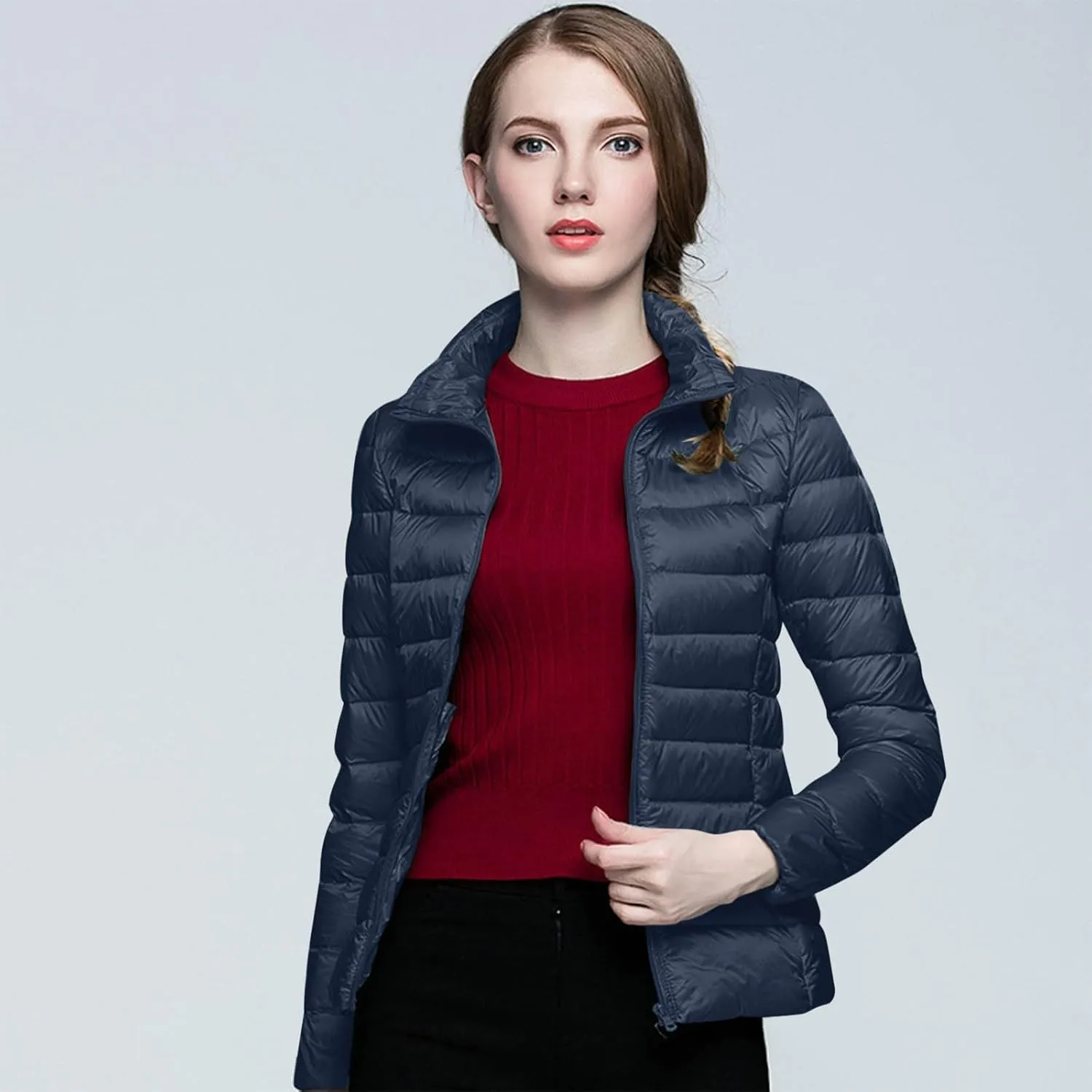 2024 Women's Packable Puffer Jacket Lightweight Warm Duck Down Short Quilted Coat Stand Collar Slim Fit Down Puffer