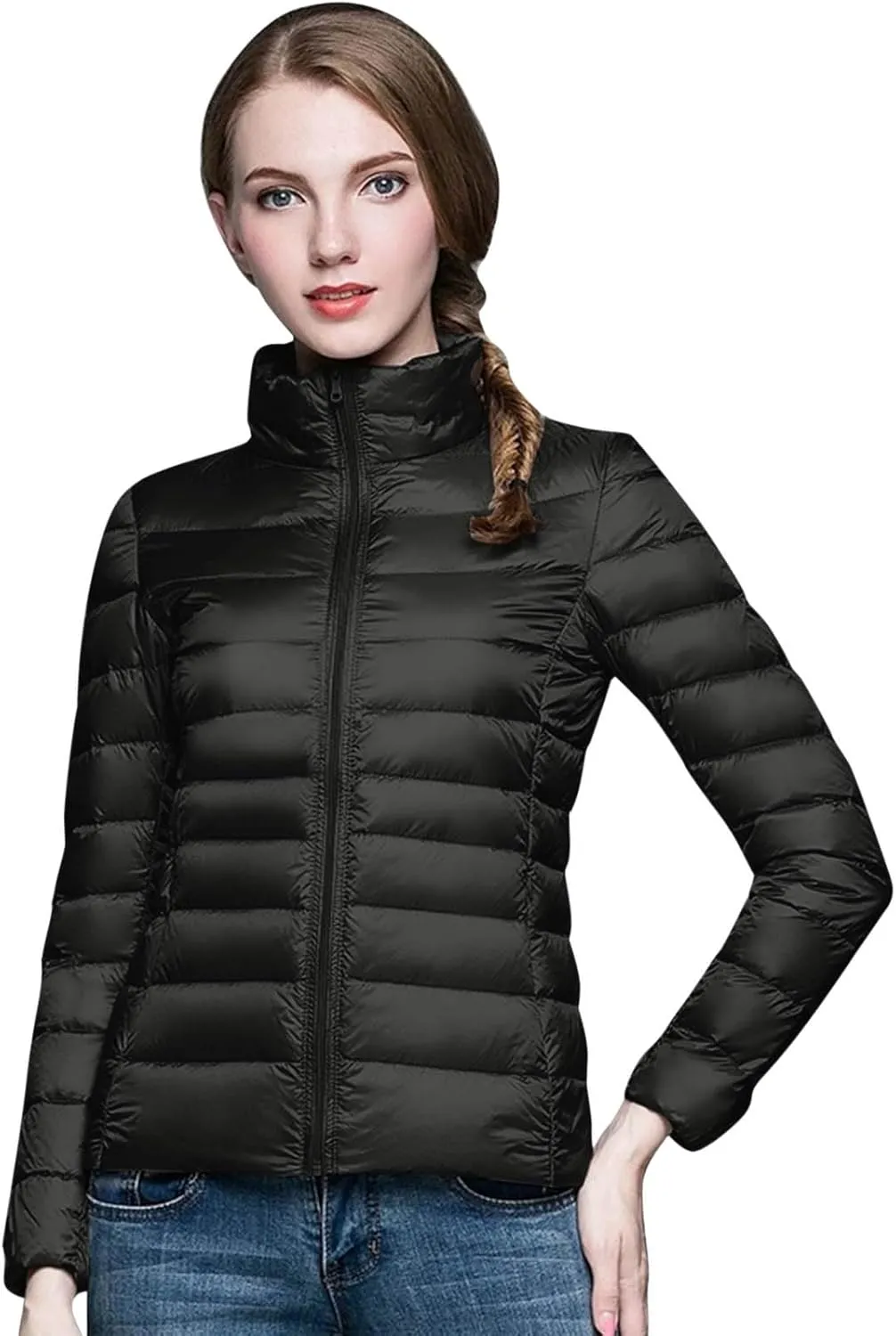 2024 Women's Packable Puffer Jackets Lightweight Duck Down Short Quilted Coat Stand Collar Slim Fit Warm Down Puffer