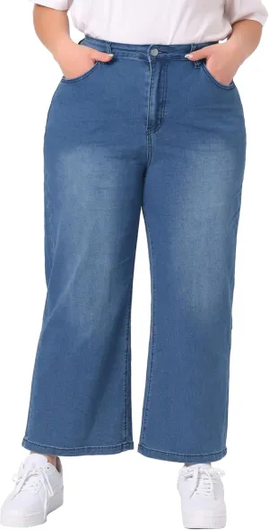 Agnes Orinda Plus Size Jeans for Women Stretchy Washed Button Wide Leg Jeans Palazzo Pants