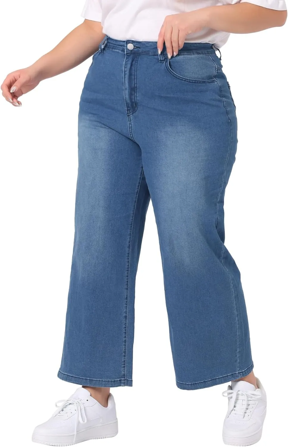 Agnes Orinda Plus Size Jeans for Women Stretchy Washed Button Wide Leg Jeans Palazzo Pants