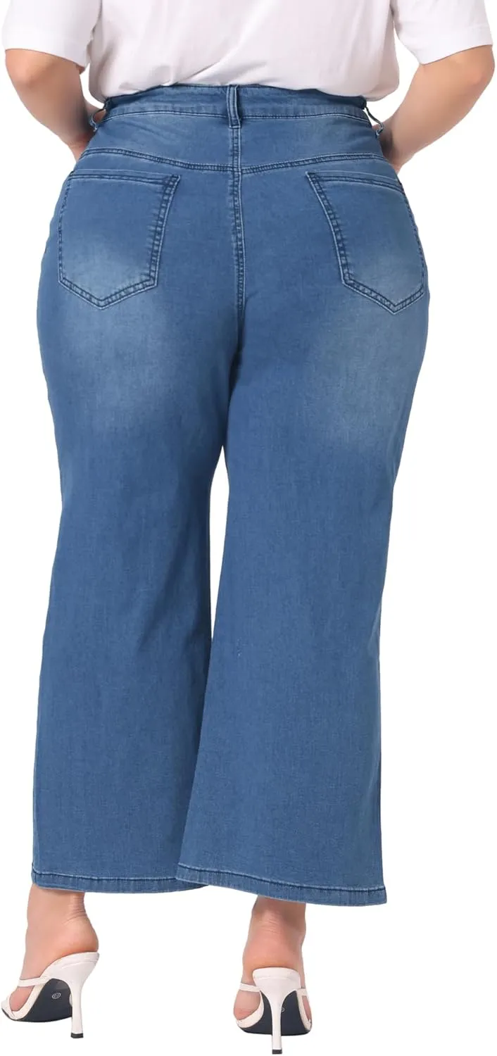 Agnes Orinda Plus Size Jeans for Women Stretchy Washed Button Wide Leg Jeans Palazzo Pants