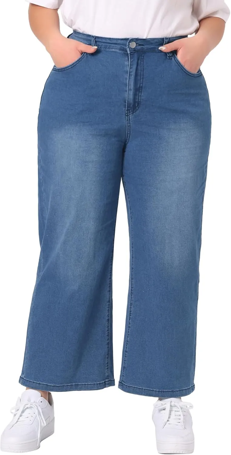 Agnes Orinda Plus Size Jeans for Women Stretchy Washed Button Wide Leg Jeans Palazzo Pants