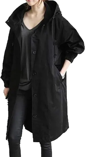 aihihe Women's Lightweight Hooded Trench Coat Outdoor Long Jacket Plus Size Button Up Windbreaker Outerwear with Pockets