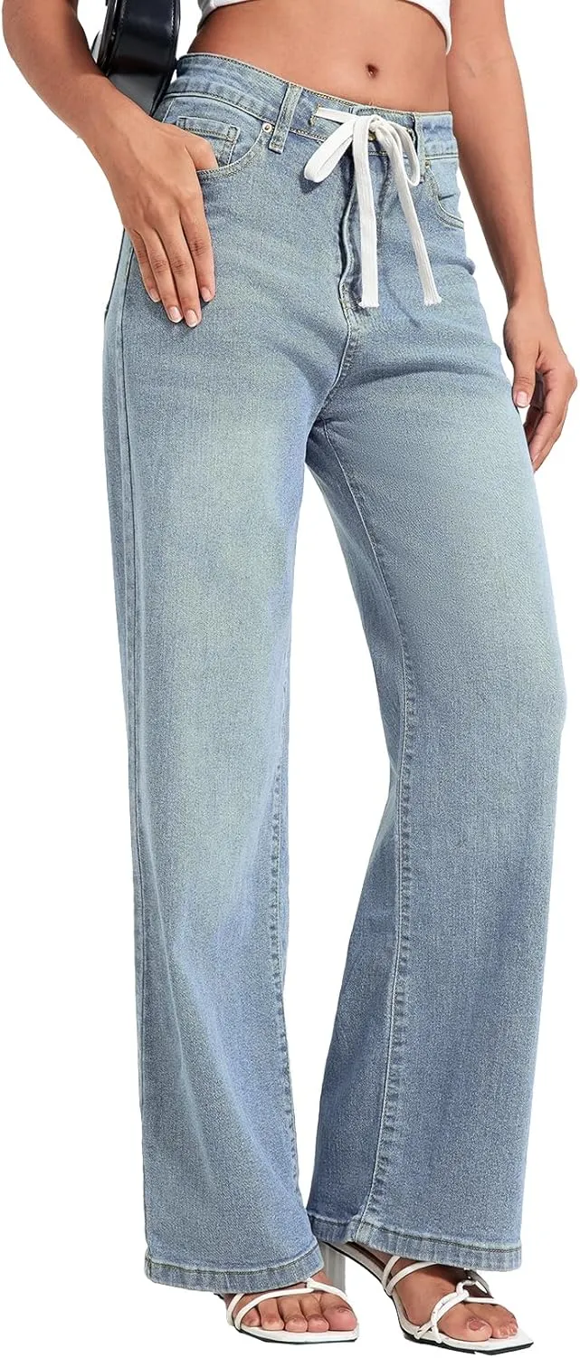 Allimy Womens Drawstring High Waist Wide Leg Jeans Straight Leg Washed Denim Jeans Pants