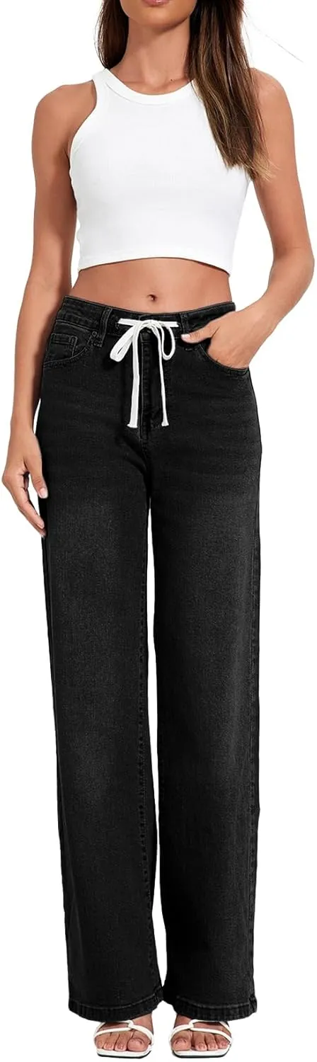 Allimy Womens Drawstring High Waist Wide Leg Jeans Straight Leg Washed Denim Jeans Pants