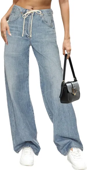 Allimy Womens Drawstring High Waist Wide Leg Jeans Straight Leg Washed Denim Jeans Pants