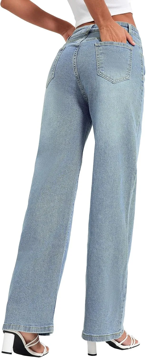 Allimy Womens Drawstring High Waist Wide Leg Jeans Straight Leg Washed Denim Jeans Pants