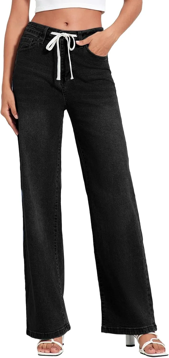 Allimy Womens Drawstring High Waist Wide Leg Jeans Straight Leg Washed Denim Jeans Pants