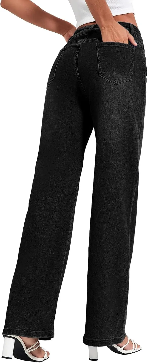 Allimy Womens Drawstring High Waist Wide Leg Jeans Straight Leg Washed Denim Jeans Pants