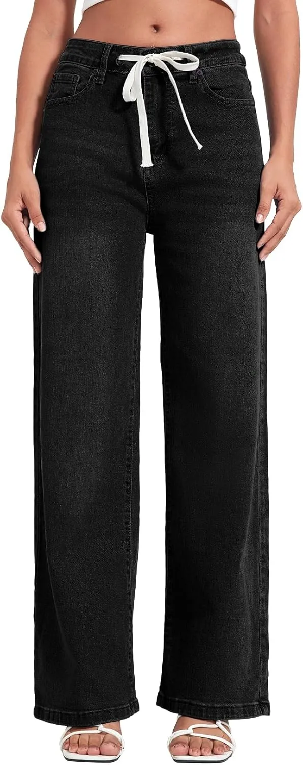 Allimy Womens Drawstring High Waist Wide Leg Jeans Straight Leg Washed Denim Jeans Pants