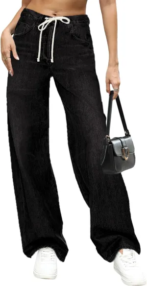 Allimy Womens Drawstring High Waist Wide Leg Jeans Straight Leg Washed Denim Jeans Pants