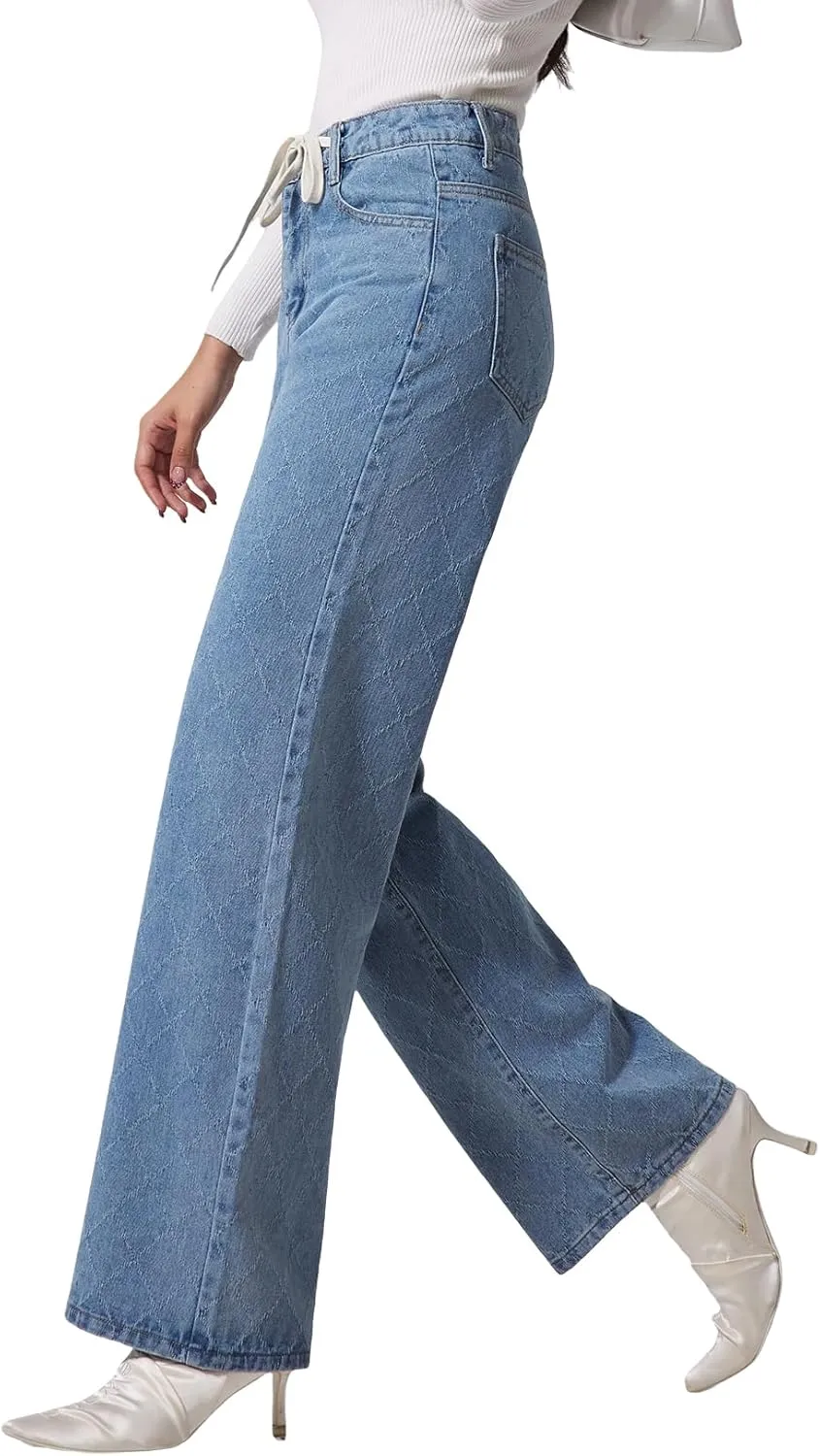Allimy Womens Drawstring High Waist Wide Leg Jeans Straight Leg Washed Denim Jeans Pants