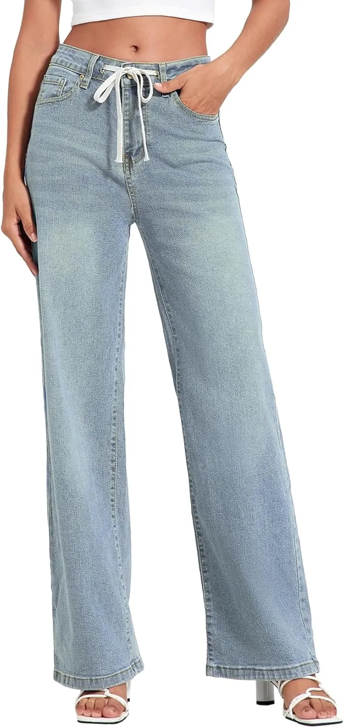 Allimy Womens Drawstring High Waist Wide Leg Jeans Straight Leg Washed Denim Jeans Pants