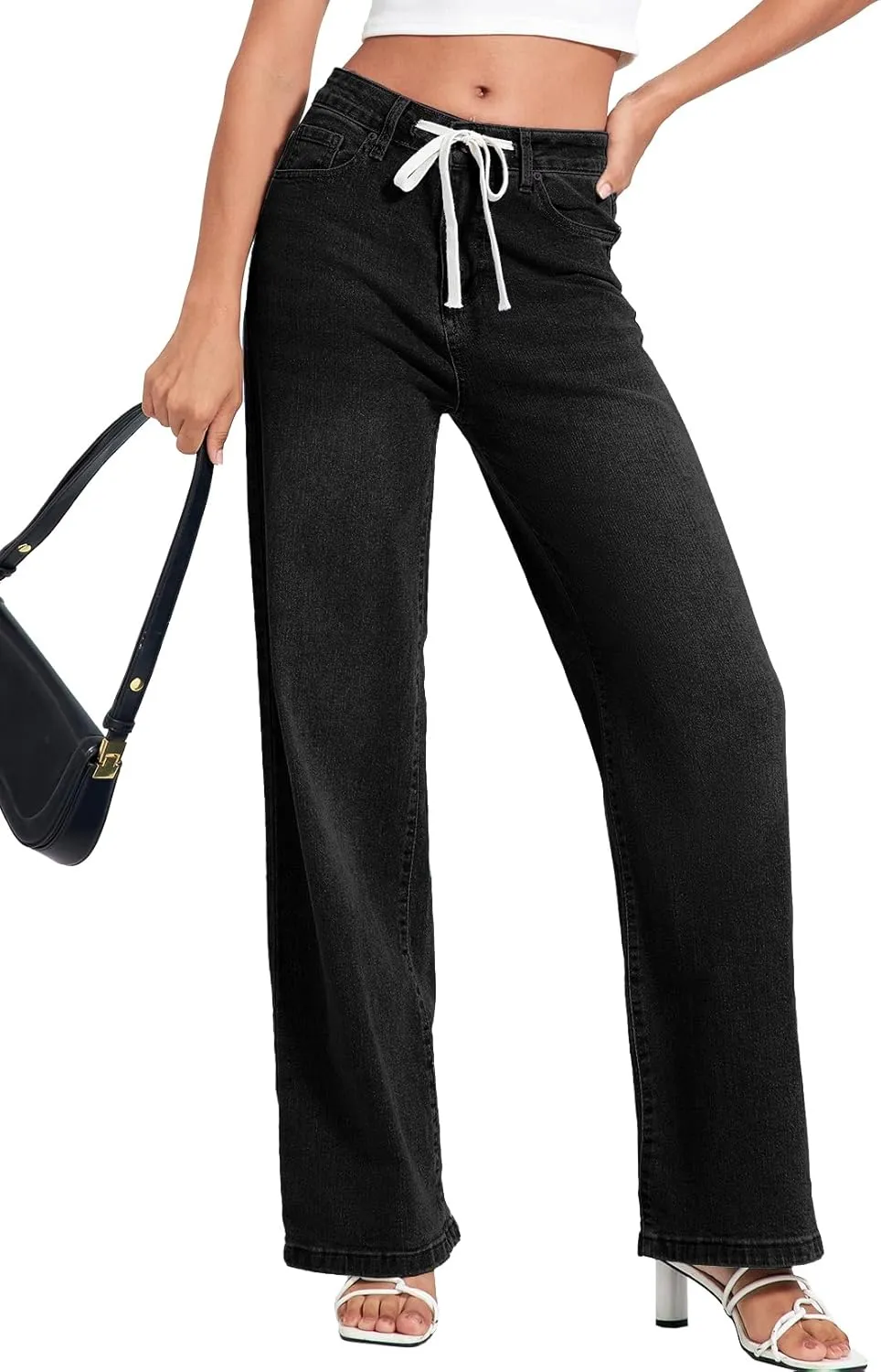 Allimy Womens Drawstring High Waist Wide Leg Jeans Straight Leg Washed Denim Jeans Pants
