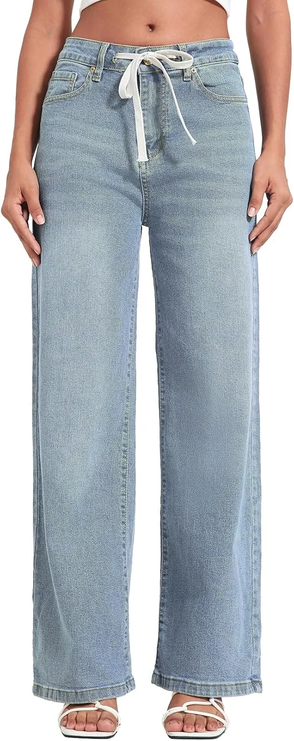 Allimy Womens Drawstring High Waist Wide Leg Jeans Straight Leg Washed Denim Jeans Pants