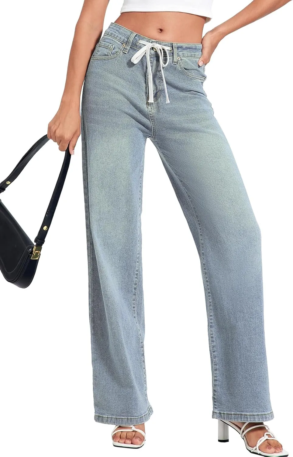 Allimy Womens Drawstring High Waist Wide Leg Jeans Straight Leg Washed Denim Jeans Pants
