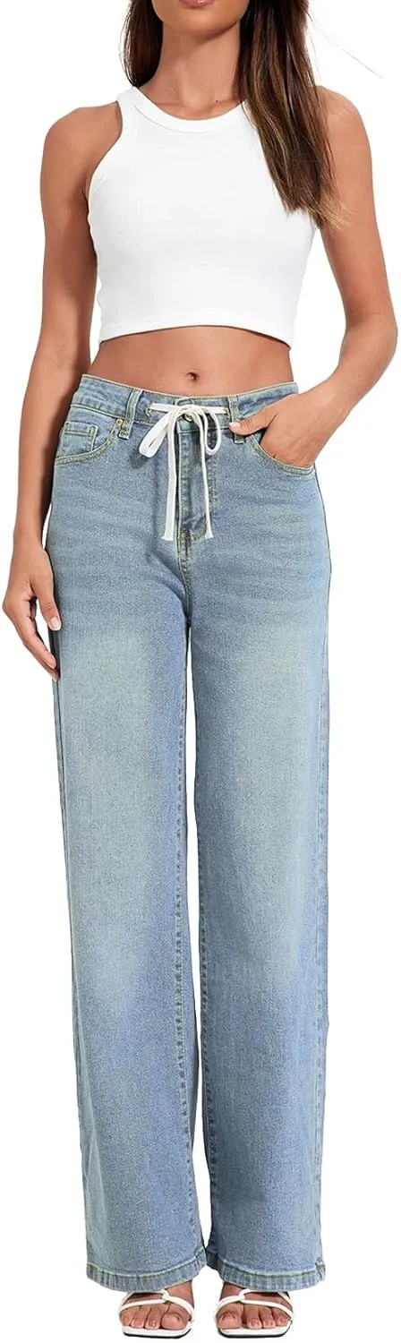 Allimy Womens Drawstring High Waist Wide Leg Jeans Straight Leg Washed Denim Jeans Pants