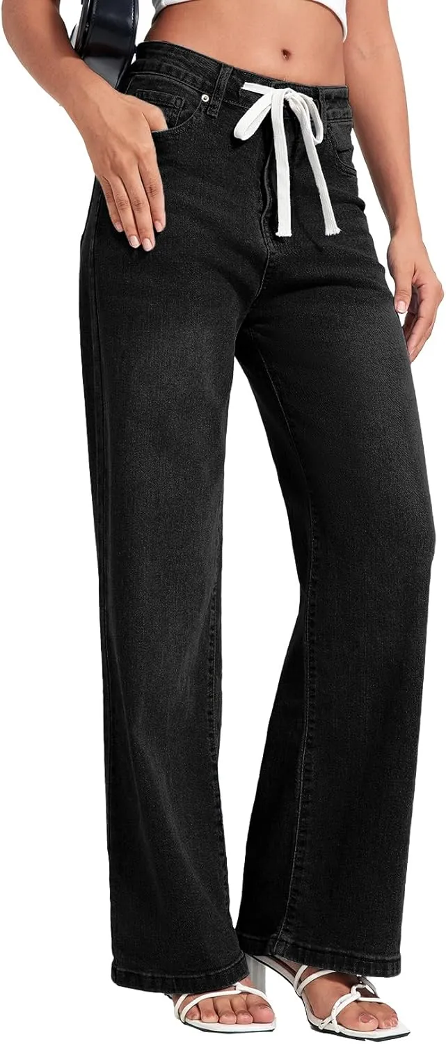 Allimy Womens Drawstring High Waist Wide Leg Jeans Straight Leg Washed Denim Jeans Pants