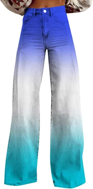 Bell Bottom Jeans for Women,High Waisted Loose Flared Jeans Vintage Floral Print Wide Leg Pants Colorful Trouser