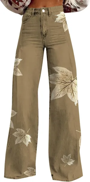 Bell Bottom Jeans for Women,High Waisted Loose Flared Jeans Vintage Floral Print Wide Leg Pants Colorful Trouser