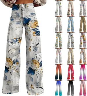 Bell Bottom Jeans for Women,High Waisted Loose Flared Jeans Vintage Floral Print Wide Leg Pants Colorful Trouser