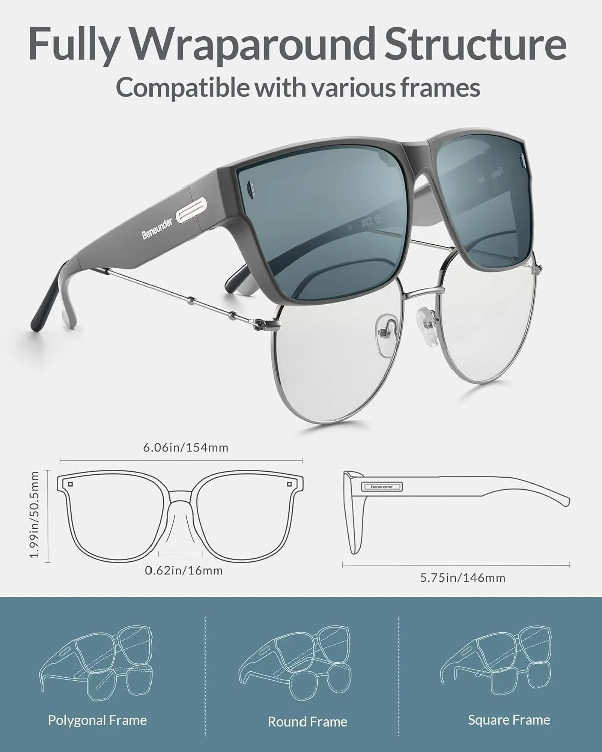 BENEUNDER Polarized Fit Over Sunglasses for Womens & Men, Lightweight Folding Sunglasses for Nearsightedness