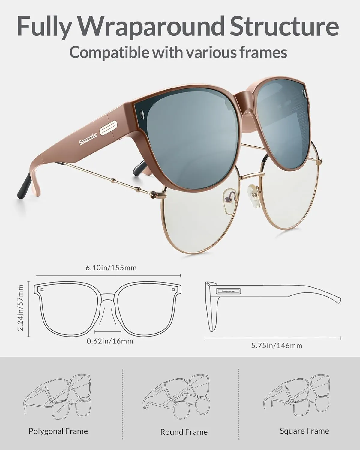 BENEUNDER Polarized Fit Over Sunglasses for Womens & Men, Lightweight Folding Sunglasses for Nearsightedness