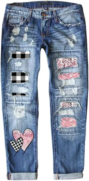 Bengbobar Ripped Jeans Womens Plaid Patch Denim Patchwork Jeans Boyfriend Skinny Distressed Straight Leg Pants Cute Jeans
