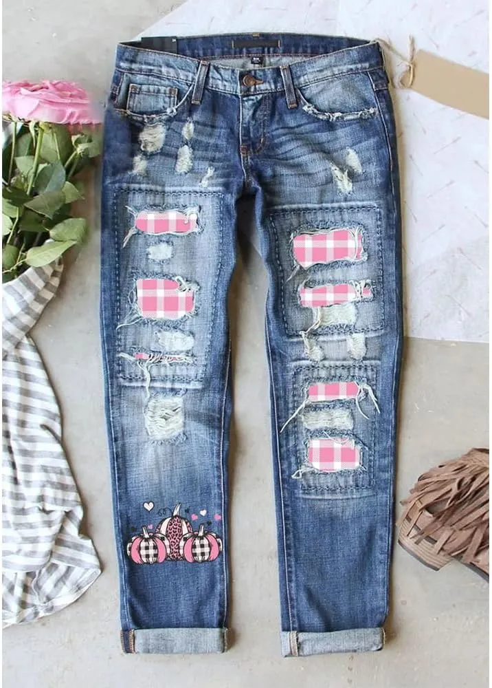 Bengbobar Ripped Jeans Womens Plaid Patch Denim Patchwork Jeans Boyfriend Skinny Distressed Straight Leg Pants Cute Jeans