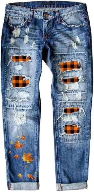 Bengbobar Ripped Jeans Womens Plaid Patch Denim Patchwork Jeans Boyfriend Skinny Distressed Straight Leg Pants Cute Jeans