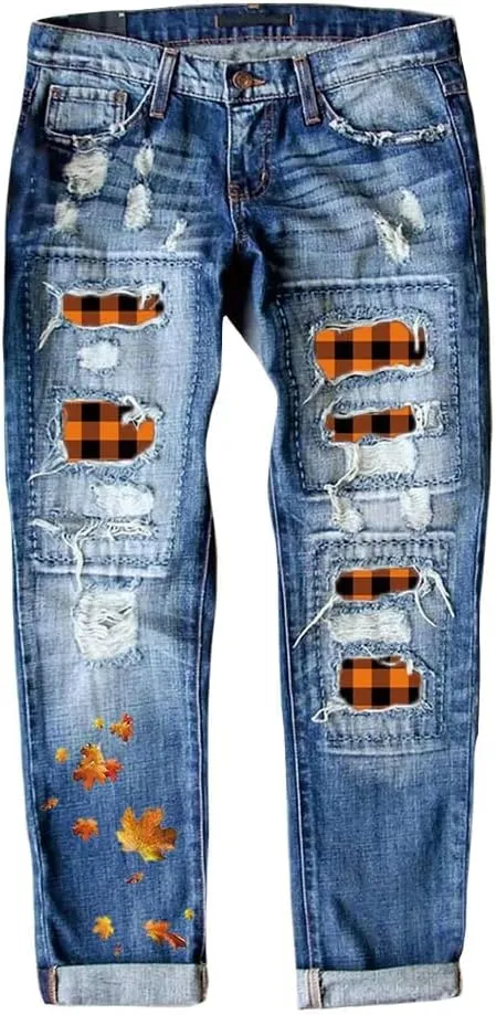 Bengbobar Ripped Jeans Womens Plaid Patch Denim Patchwork Jeans Boyfriend Skinny Distressed Straight Leg Pants Cute Jeans