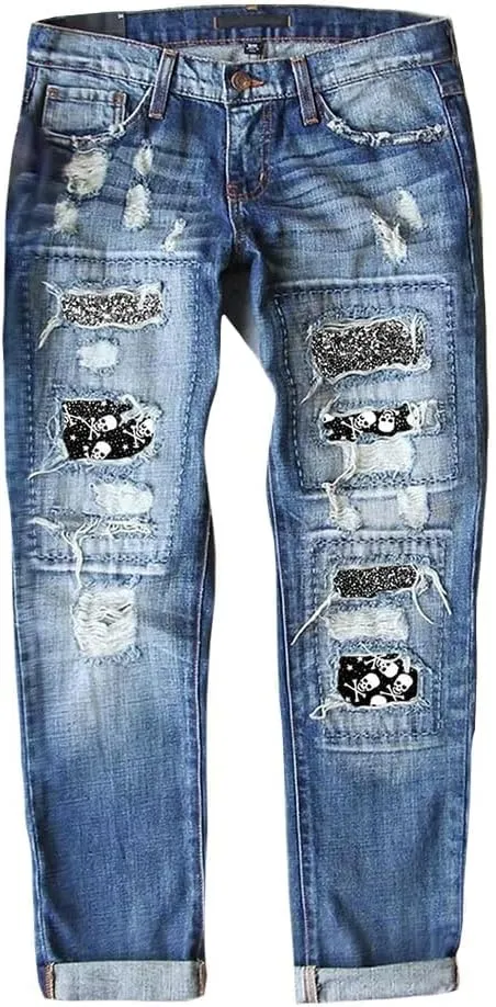 Bengbobar Ripped Jeans Womens Plaid Patch Denim Patchwork Jeans Boyfriend Skinny Distressed Straight Leg Pants Cute Jeans