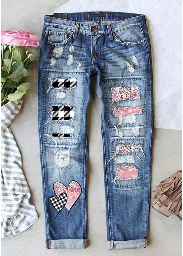 Bengbobar Ripped Jeans Womens Plaid Patch Denim Patchwork Jeans Boyfriend Skinny Distressed Straight Leg Pants Cute Jeans