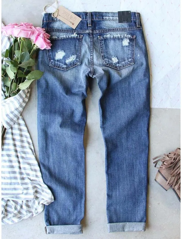 Bengbobar Ripped Jeans Womens Plaid Patch Denim Patchwork Jeans Boyfriend Skinny Distressed Straight Leg Pants Cute Jeans