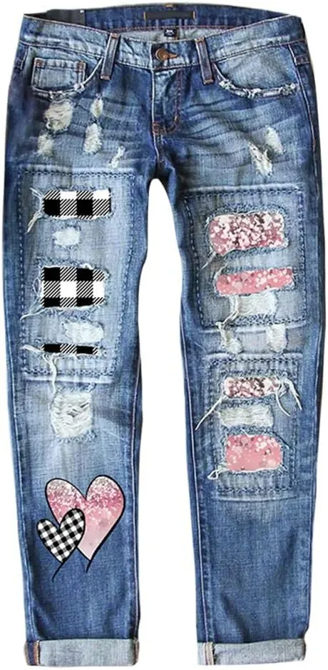 Bengbobar Ripped Jeans Womens Plaid Patch Denim Patchwork Jeans Boyfriend Skinny Distressed Straight Leg Pants Cute Jeans
