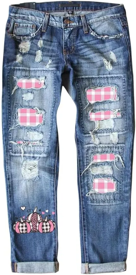 Bengbobar Ripped Jeans Womens Plaid Patch Denim Patchwork Jeans Boyfriend Skinny Distressed Straight Leg Pants Cute Jeans