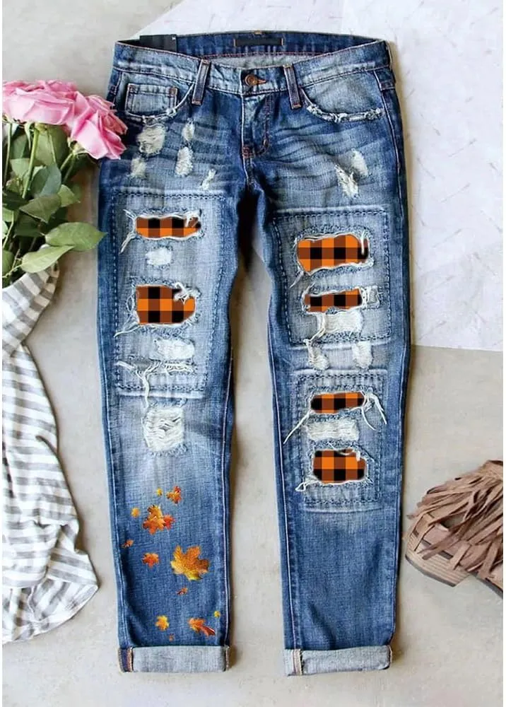 Bengbobar Ripped Jeans Womens Plaid Patch Denim Patchwork Jeans Boyfriend Skinny Distressed Straight Leg Pants Cute Jeans