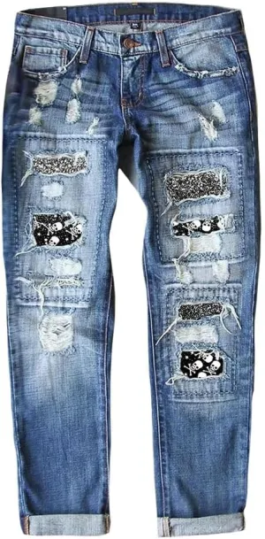 Bengbobar Ripped Jeans Womens Plaid Patch Denim Patchwork Jeans Boyfriend Skinny Distressed Straight Leg Pants Cute Jeans