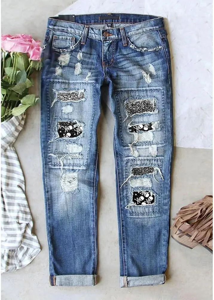 Bengbobar Ripped Jeans Womens Plaid Patch Denim Patchwork Jeans Boyfriend Skinny Distressed Straight Leg Pants Cute Jeans