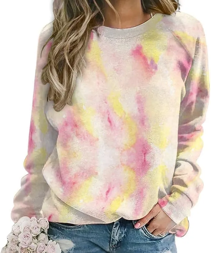 Bengbobar Tie Dye Shirt Women Casual Long Sleeve Sweatshirt Crewneck Loose Fit Pullover Women's Sweatshirts No Hood