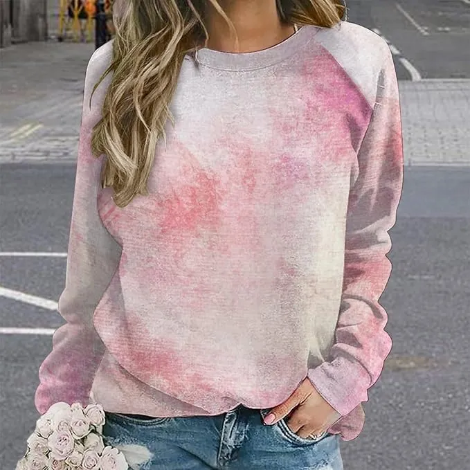 Bengbobar Tie Dye Shirt Women Casual Long Sleeve Sweatshirt Crewneck Loose Fit Pullover Women's Sweatshirts No Hood