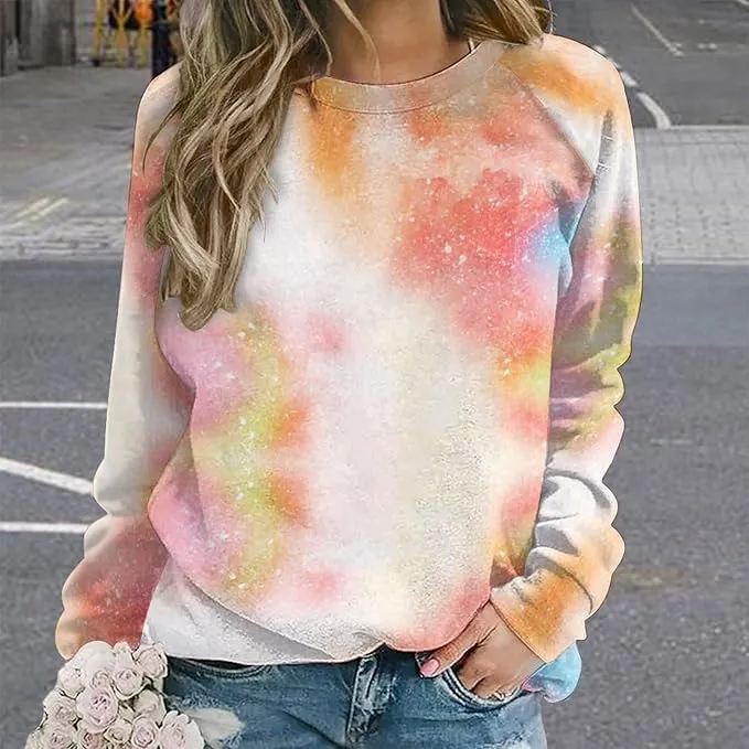 Bengbobar Tie Dye Shirt Women Casual Long Sleeve Sweatshirt Crewneck Loose Fit Pullover Women's Sweatshirts No Hood