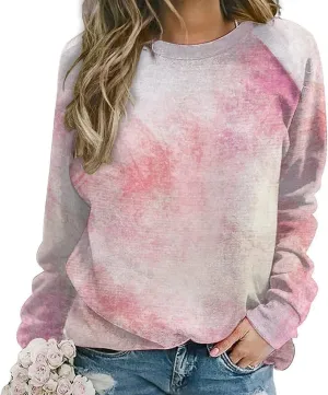 Bengbobar Tie Dye Shirt Women Casual Long Sleeve Sweatshirt Crewneck Loose Fit Pullover Women's Sweatshirts No Hood