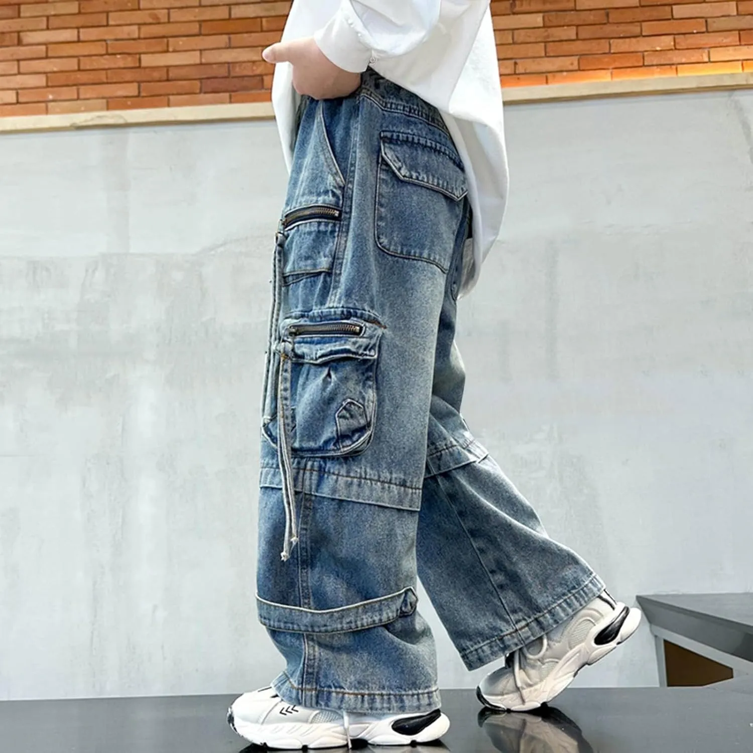 Boys Baggy Jeans Cargo Denim Pants Elastic Waist Trousers Flap Pocket Classic Streetwear Vintage Jeans School Clothing