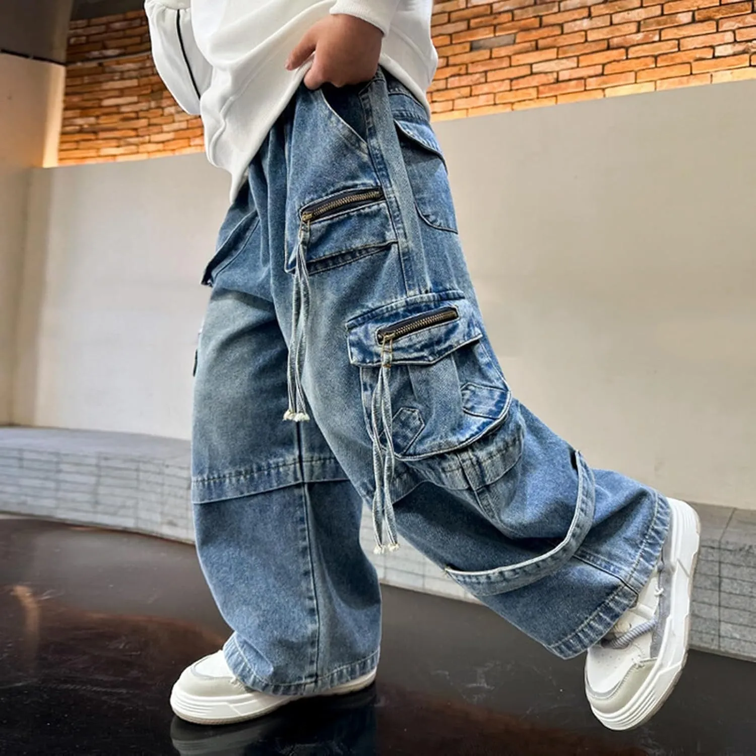 Boys Baggy Jeans Cargo Denim Pants Elastic Waist Trousers Flap Pocket Classic Streetwear Vintage Jeans School Clothing