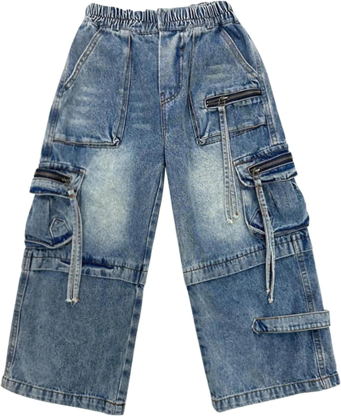 Boys Baggy Jeans Cargo Denim Pants Elastic Waist Trousers Flap Pocket Classic Streetwear Vintage Jeans School Clothing