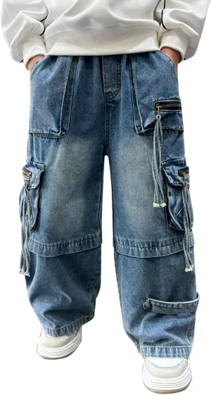 Boys Baggy Jeans Cargo Denim Pants Elastic Waist Trousers Flap Pocket Classic Streetwear Vintage Jeans School Clothing